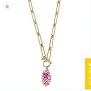 Evelyn Chinoiserie T-Bar Necklace in Pink & White